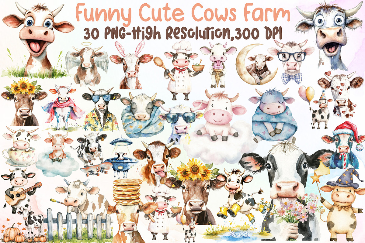 Funny Cows Clipart Cute Cow Png Farm, an Illustration by Sublimation Artist (Photo 1 of 6)