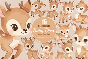 15 Bundle Watercolor Baby Deer Stag, an Animal Illustration by Morspective