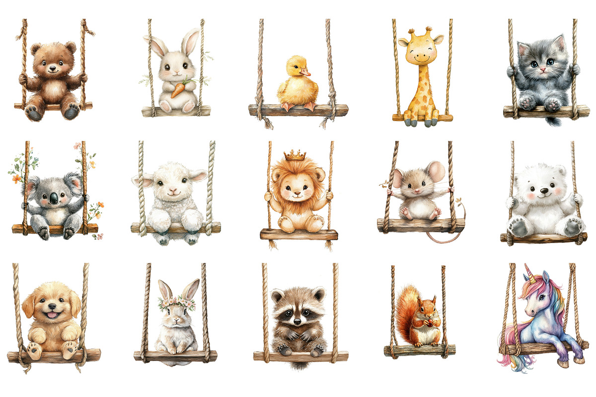 Watercolor Animals On Swings Clipart, an Illustration by Designking (Photo 3 of 5)