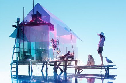 A surreal scene featuring a modern, transparent house on stilts over water. The, an Arts & Entertainment Photo by Textures & Backgrounds