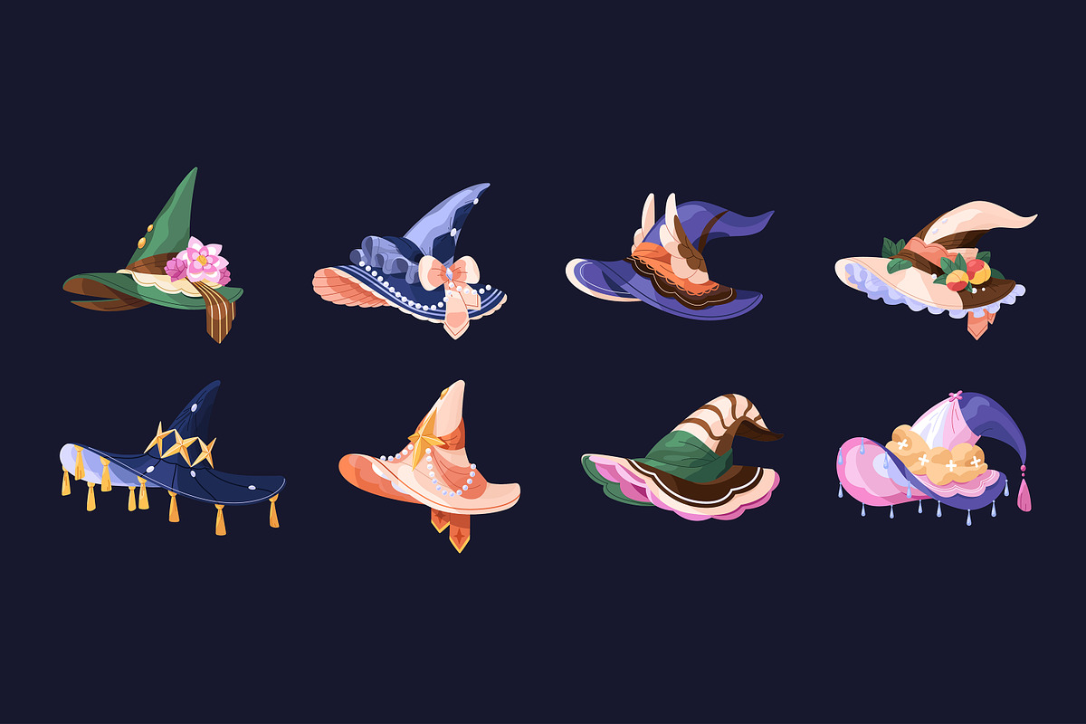 Witch, wizard hats set + patterns, an Object Illustration by PaperTrident (Photo 1 of 20)