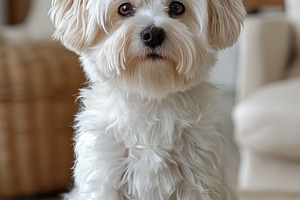 A small, fluffy white dog sits gracefully, showcasing its soft fur and attentiv, an Animal Photo by ImageMir