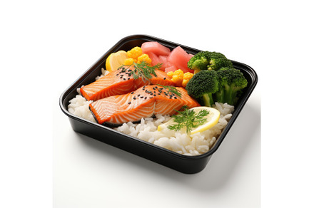 A black container filled with salmon, a Food & Drink Photo by tilialucida