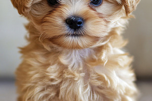 Cute fluffy puppy sitting on carpet, a Photo by Beautiful things