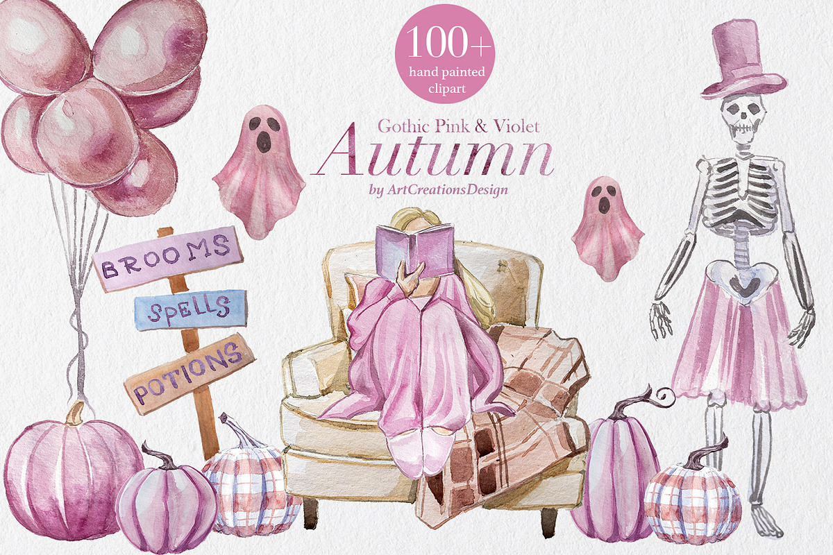 Gothic Pink&Violet Autumn Clipart, a Seasonal Illustration by ArtCreationsDesign (Photo 1 of 13)