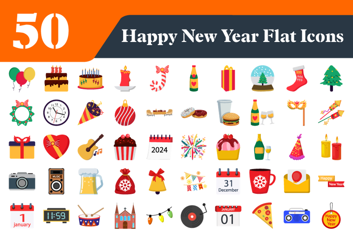 Happy New Year Flat Icons Bundle, an Outline Icon by EllaMaiyaali (Photo 3 of 3)