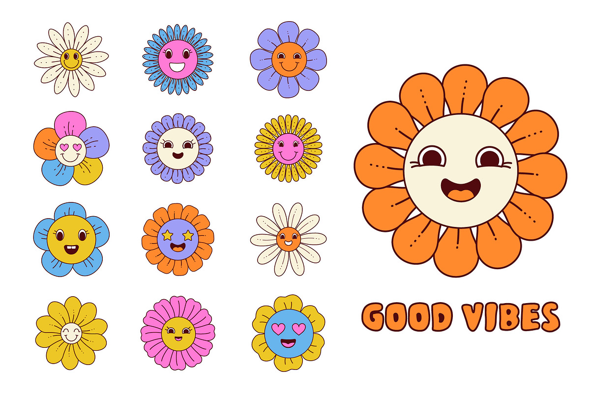 Groovy flowers with cartoon face, a Decorative Illustration by Lettering_Logo (Photo 2 of 5)