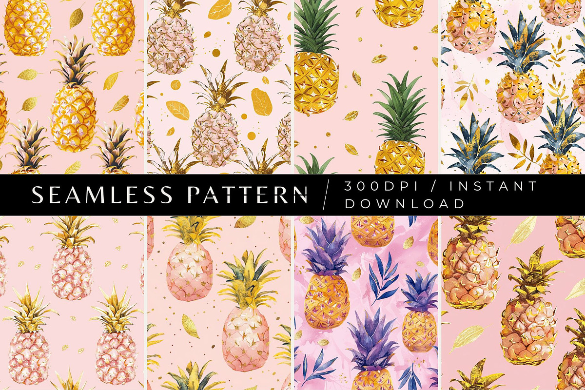 8 Pink Pineapple Seamless Patterns, a Pattern Graphic by Inknfolly