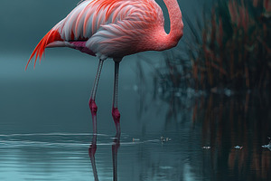 Majestic pink flamingo standing in still reflective water surrou, an Animal Photo by José Manuel Gelpi