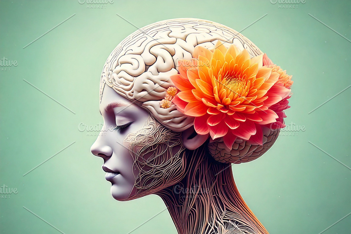Woman head in profile with a blooming flower inside the brain ar, a Healthcare Illustration by DanFLCreativo
