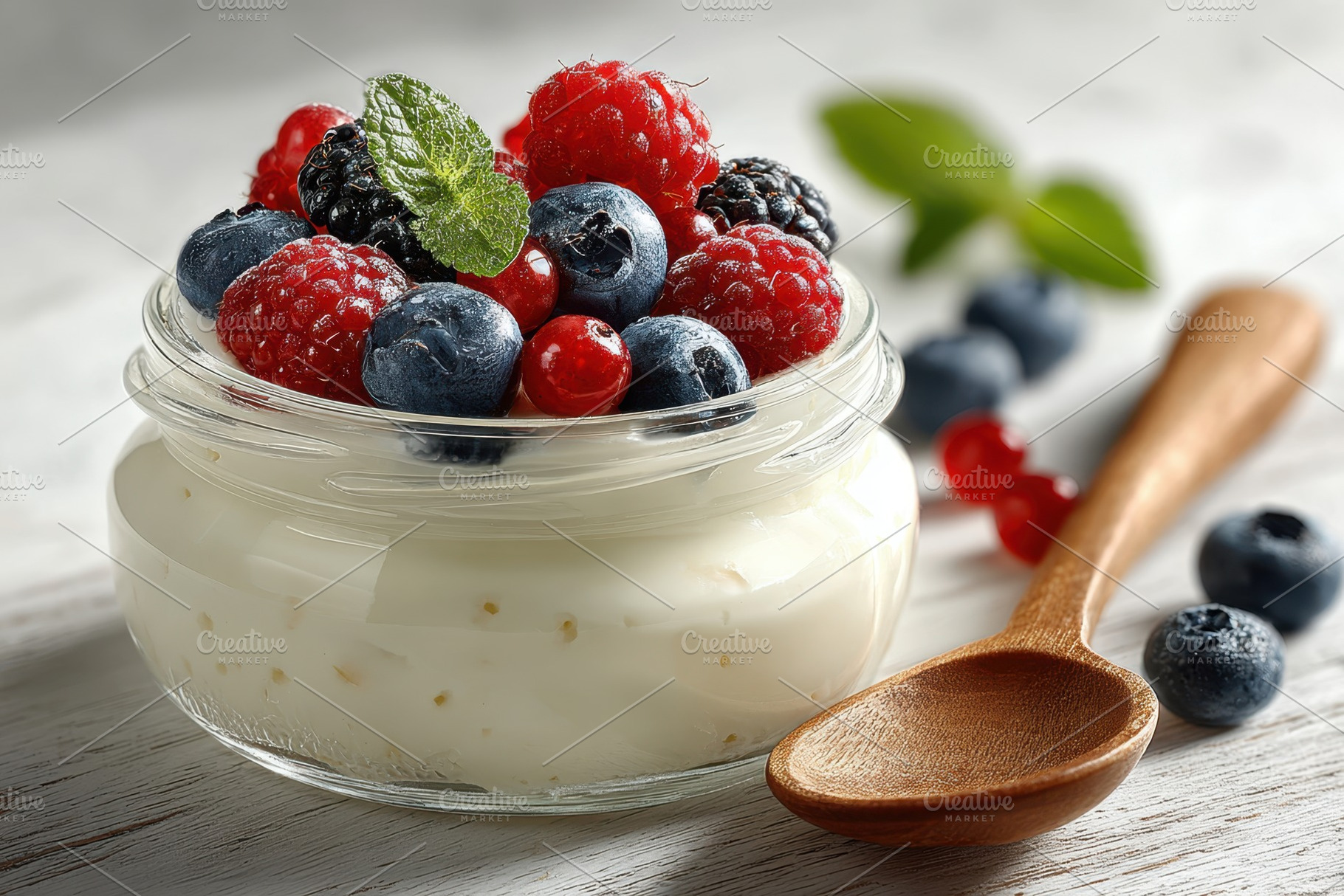 Yogurt with fresh berries and mint garnish, a Food & Drink Photo by AlyaAnd