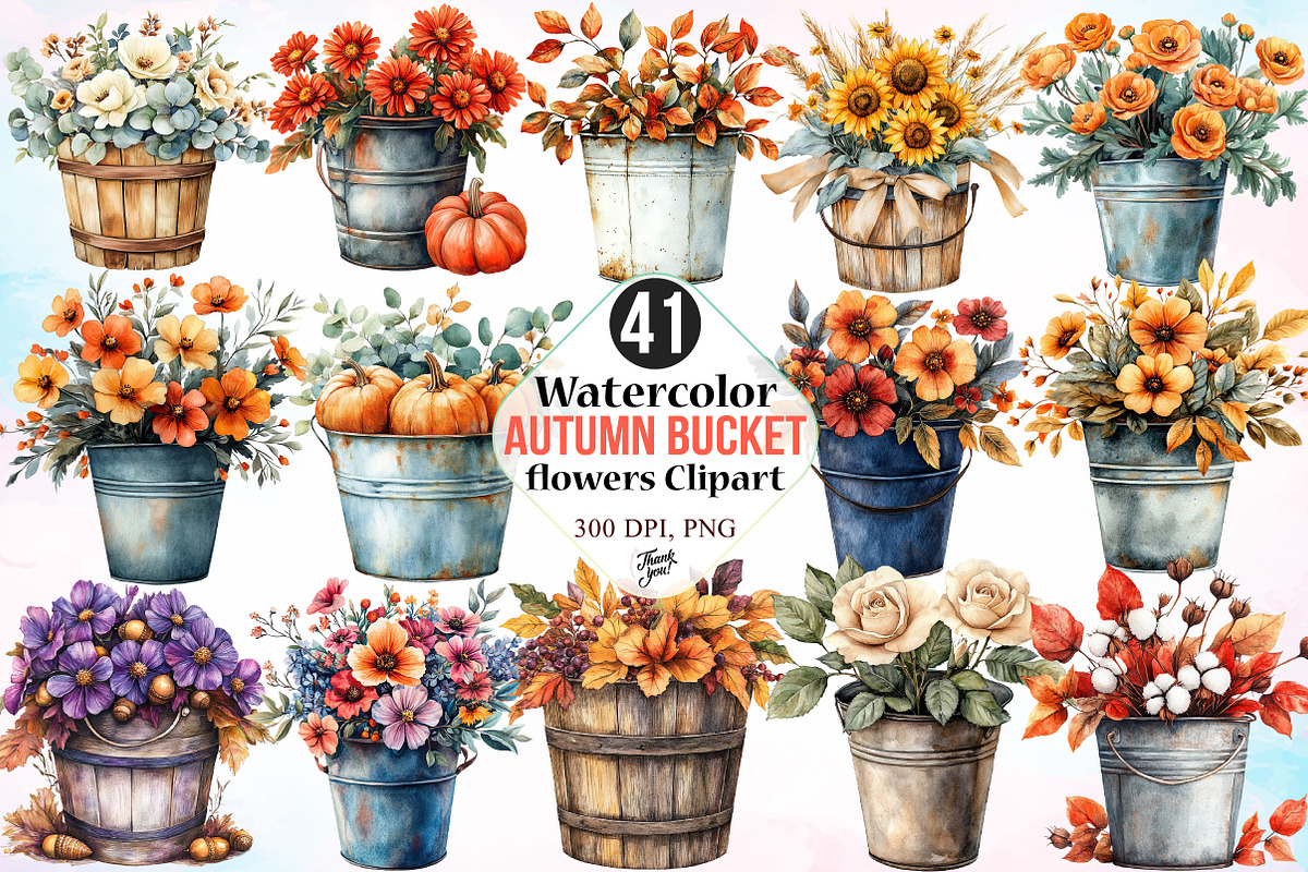 Watercolor Autumn bucket flowers PNG, a Seasonal Illustration by Canvas Craft (Photo 1 of 7)