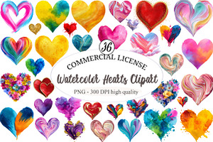Watercolor Hearts Clipart, an Illustration by designcity5