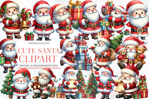 Watercolor Cute Santa Clipart Bundle, an Illustration by Designworld