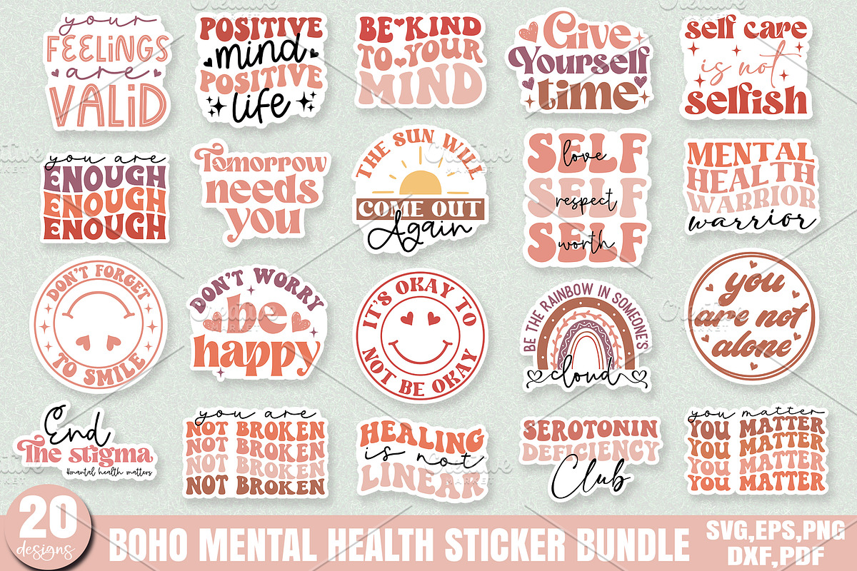Boho Mental Health Sticker Bundle, a Graphic by Designer302 (Photo 1 of 22)