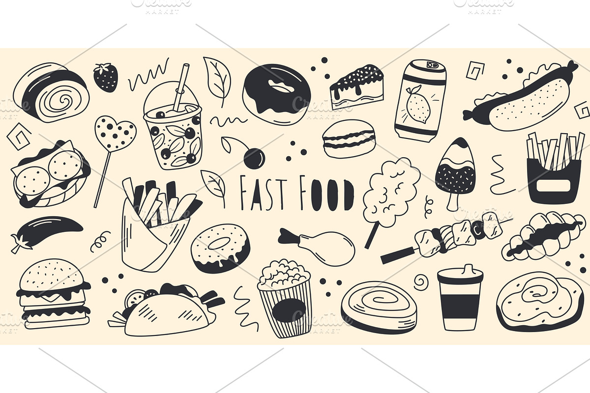 Street food set in doodle sketch, a Food Illustration by Tati_Kli