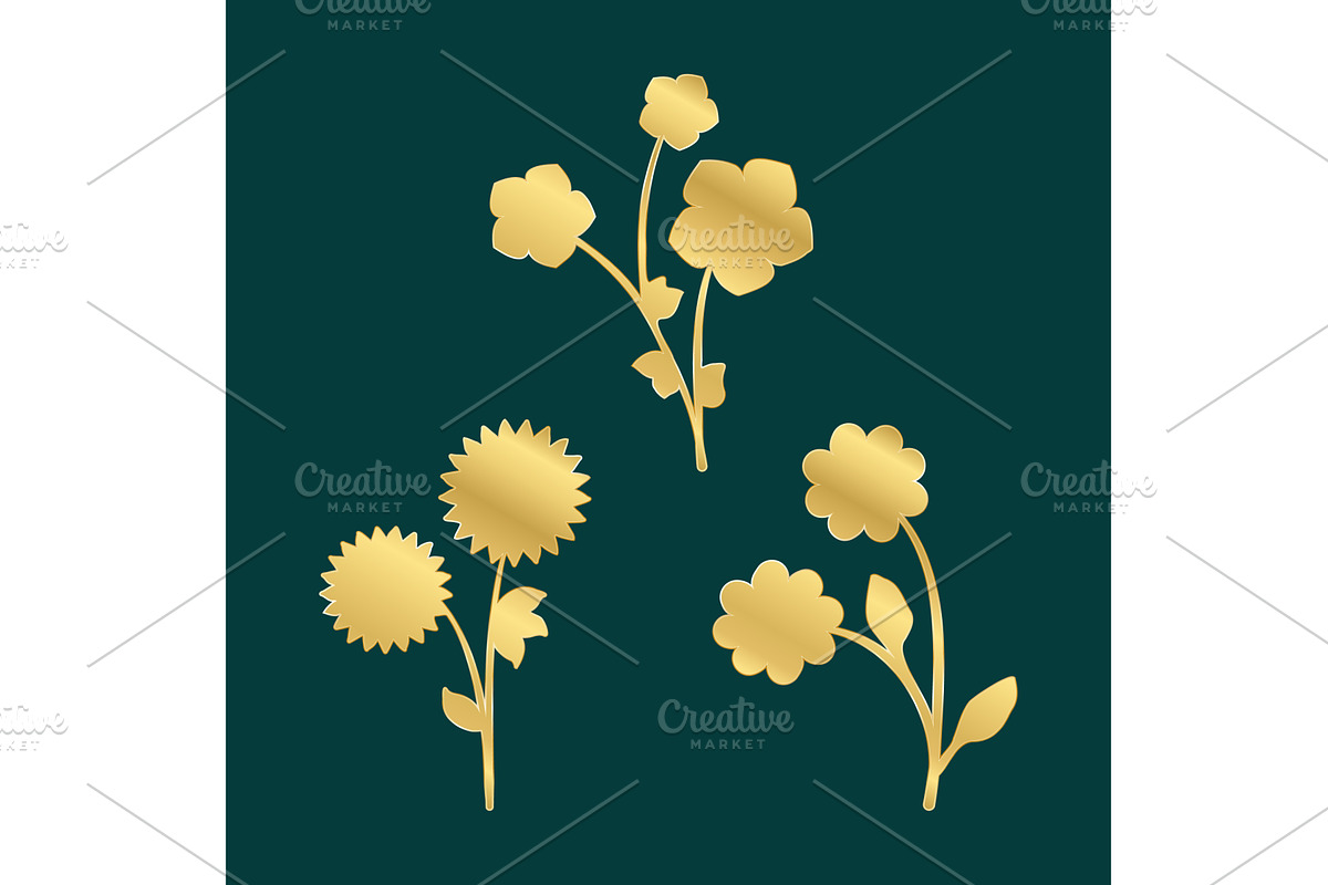 Elegant golden floral trio elements, an Illustration by okskukuruza