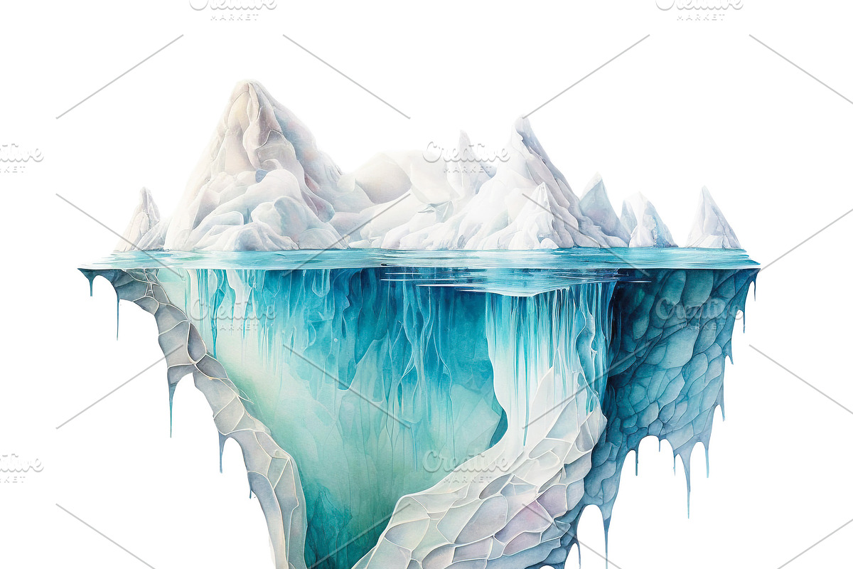 Painting of a beautiful iceberg melting. Global warming. Climate, an Education Illustration by bogdandimages
