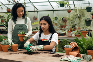 Two Women Repotting Plants in Greenh, a Nature Photo by Stock Shape