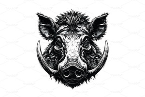 Wild Boar head with prominent tusks, an Animal Illustration by yod67