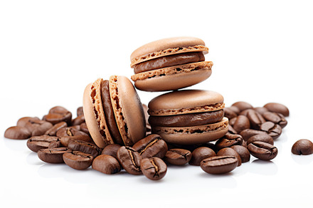 Brown macarons dessert with coffee beans on white background, a Food & Drink Photo by AlyaAnd