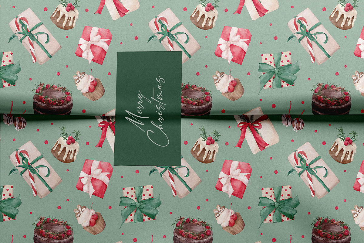 CHERRY CHRISTMAS watercolor pattern, a Seasonal Illustration by Yuliia Lashevska (Photo 5 of 10)