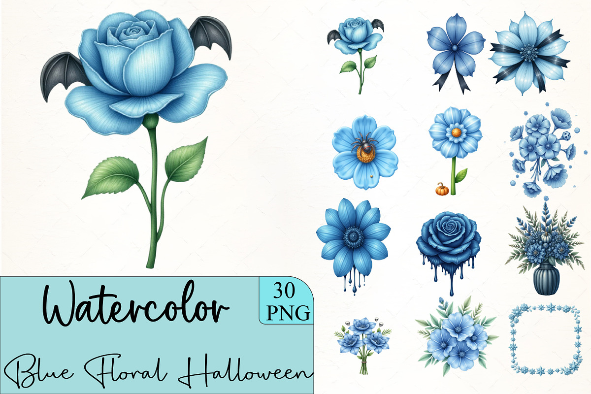 Blue Floral Halloween PNG, an Illustration by CrexoraLab (Photo 5 of 5)