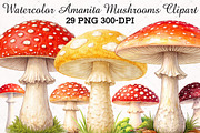 Watercolor Amanita Mushrooms Clipart, an Illustration by RobertsArt (Thumbnail 1 of 5)