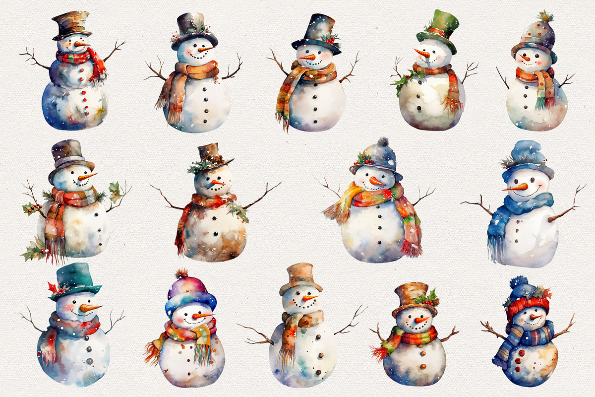 Snowman Watercolor Clipart. AI, a Seasonal Illustration by BonbonnyDesigns (Photo 2 of 5)