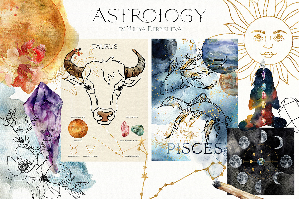 ASTROLOGY watercolor zodiac signs, a Decorative Illustration by Yuliya Derbisheva (Photo 2 of 17)