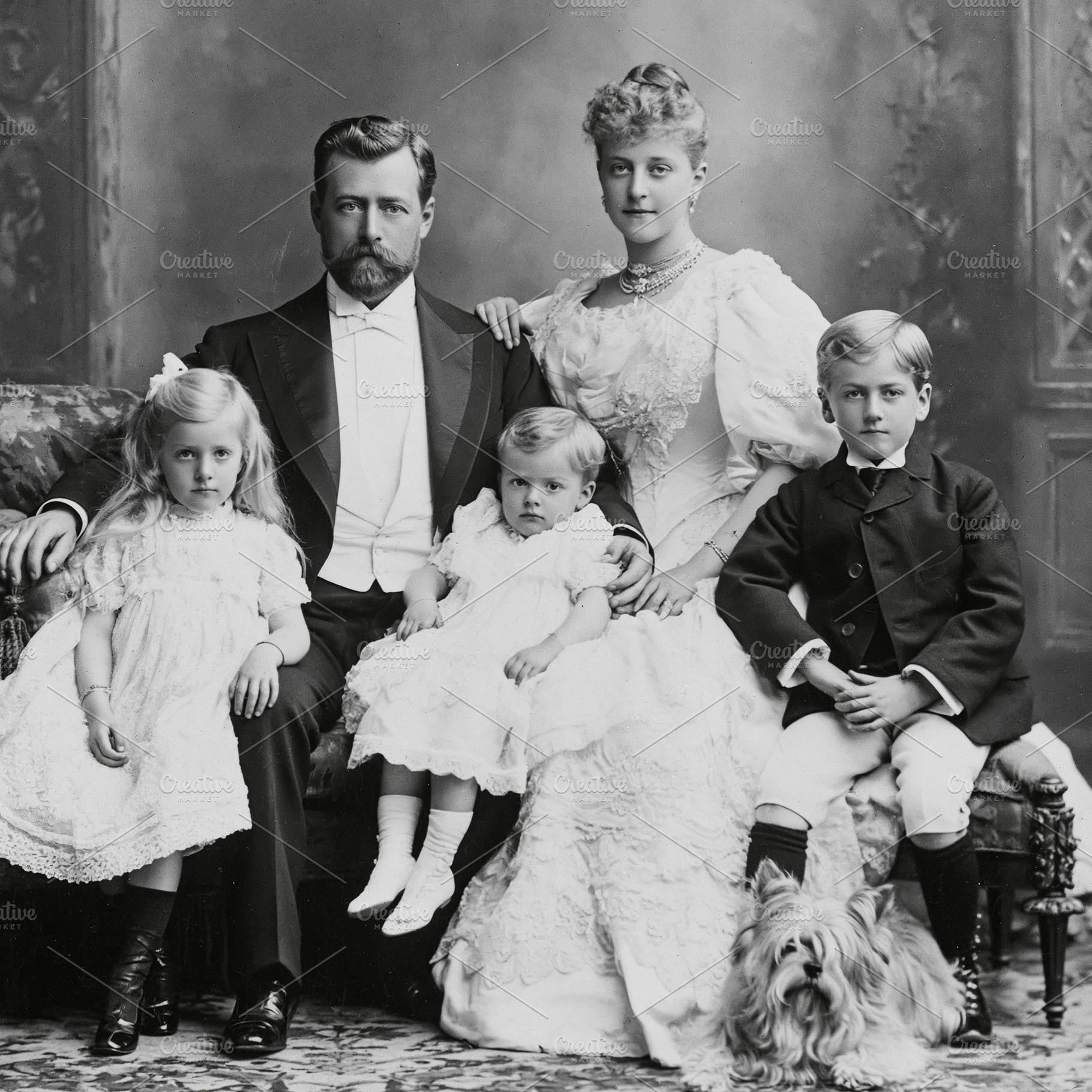 George V and Mary of Teck with their children and a dog posing f, a Person Photo by Studio ANNA