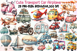 Watercolor Cute Transport Car Airpla, an Illustration by Sublimation Artist