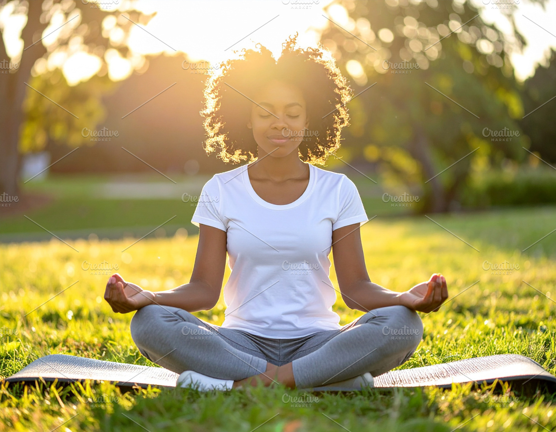 Diverse woman meditating outdoors at sunrise, a Health & Medical Photo by DanFLCreativo