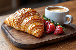 Freshly baked croissant with strawbe, a Photo by Tanuart