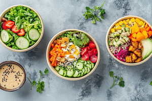 Fresh salad soup poke bowl and fruit, a Photo by Pavel_design