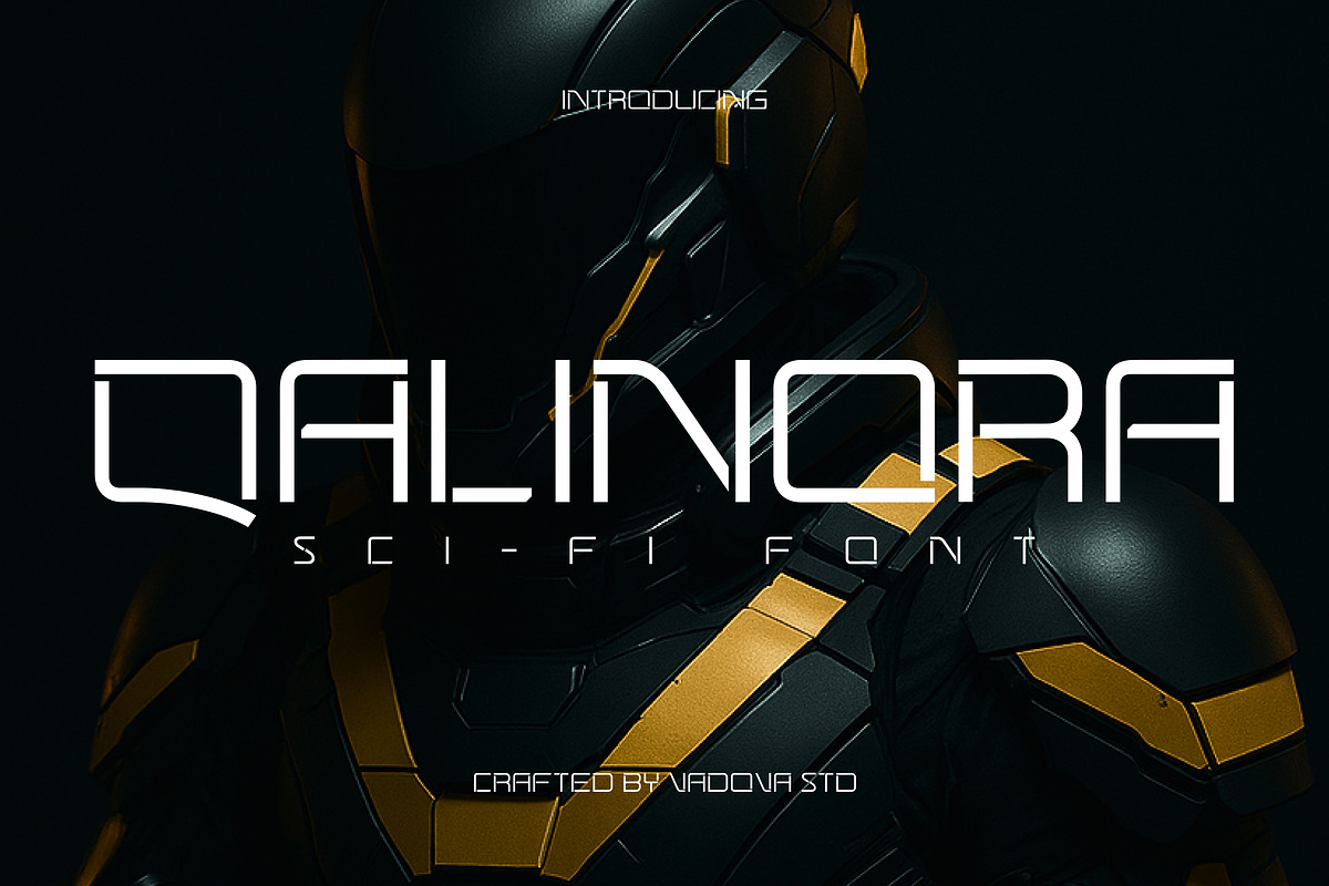Qalinora Futuristic Sci-Fi Display, a Sans Serif Font by Vadovastd (Photo 1 of 8)