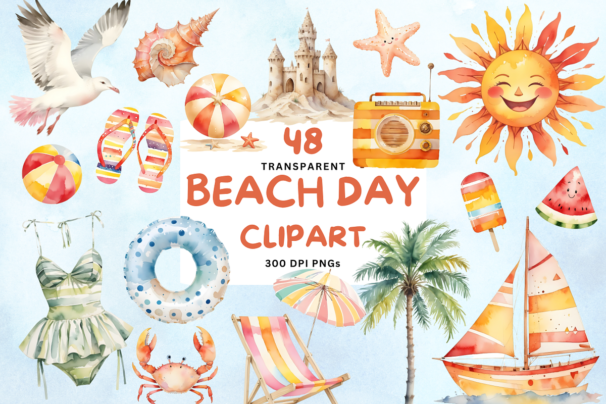 Watercolor Beach Day Clipart, a Decorative Illustration by Coralcreations (Photo 1 of 4)