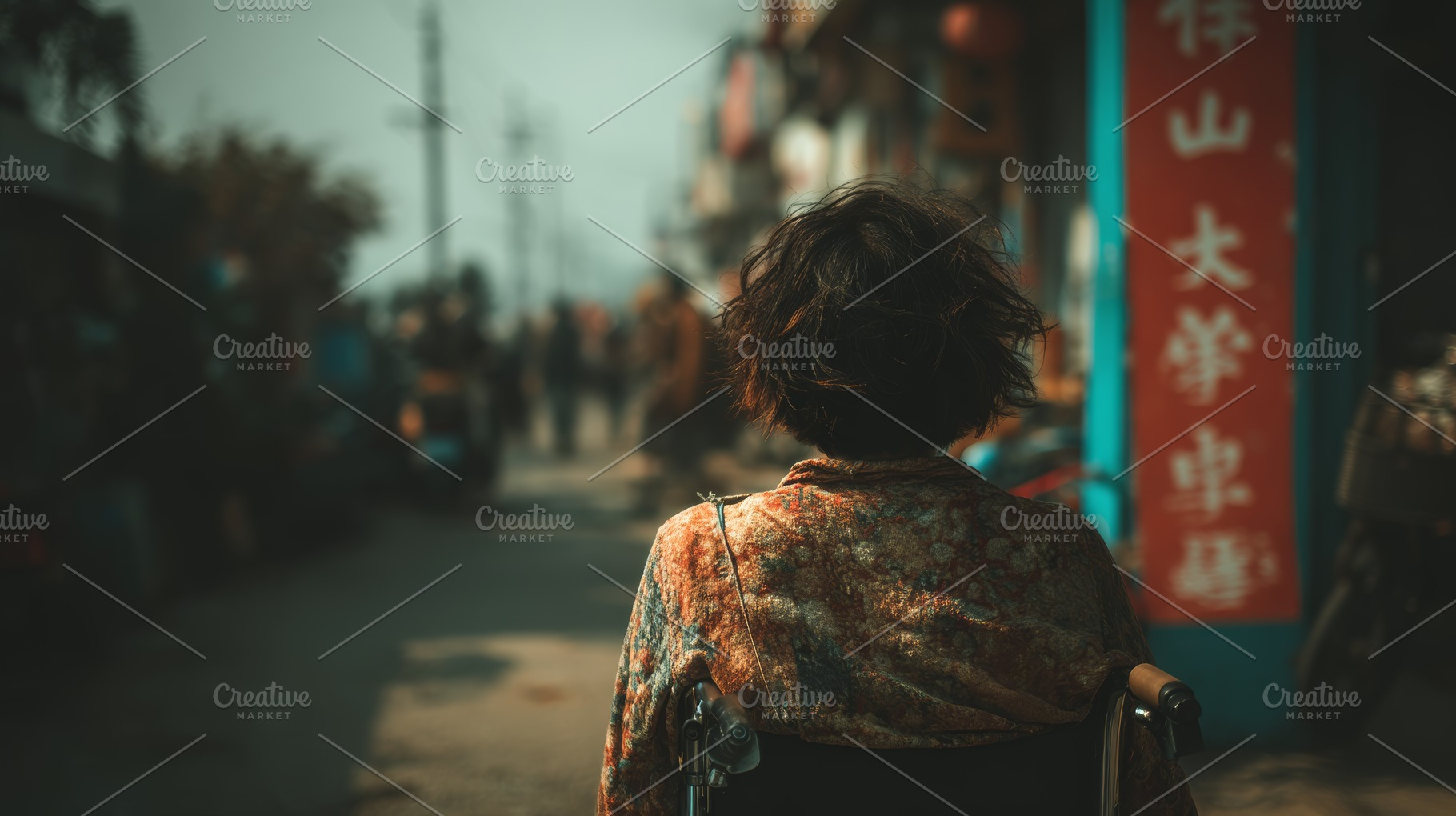 Rear view of asian person navigating a city street in a wheelchair, a Photo by AS photostudio