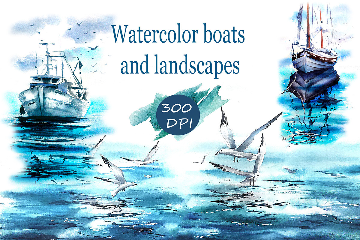 Watercolor sea ocean boat clipart, an Object Graphic by Lidia's watercolor world (Photo 1 of 5)