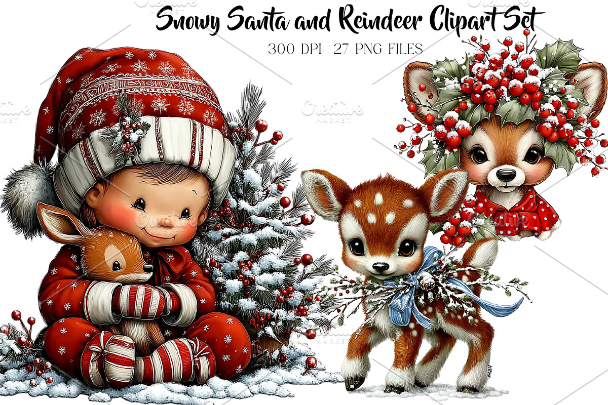 Snowy Santa and Reindeer Clipart, a Seasonal Illustration by CreationArt (Photo 1 of 5)