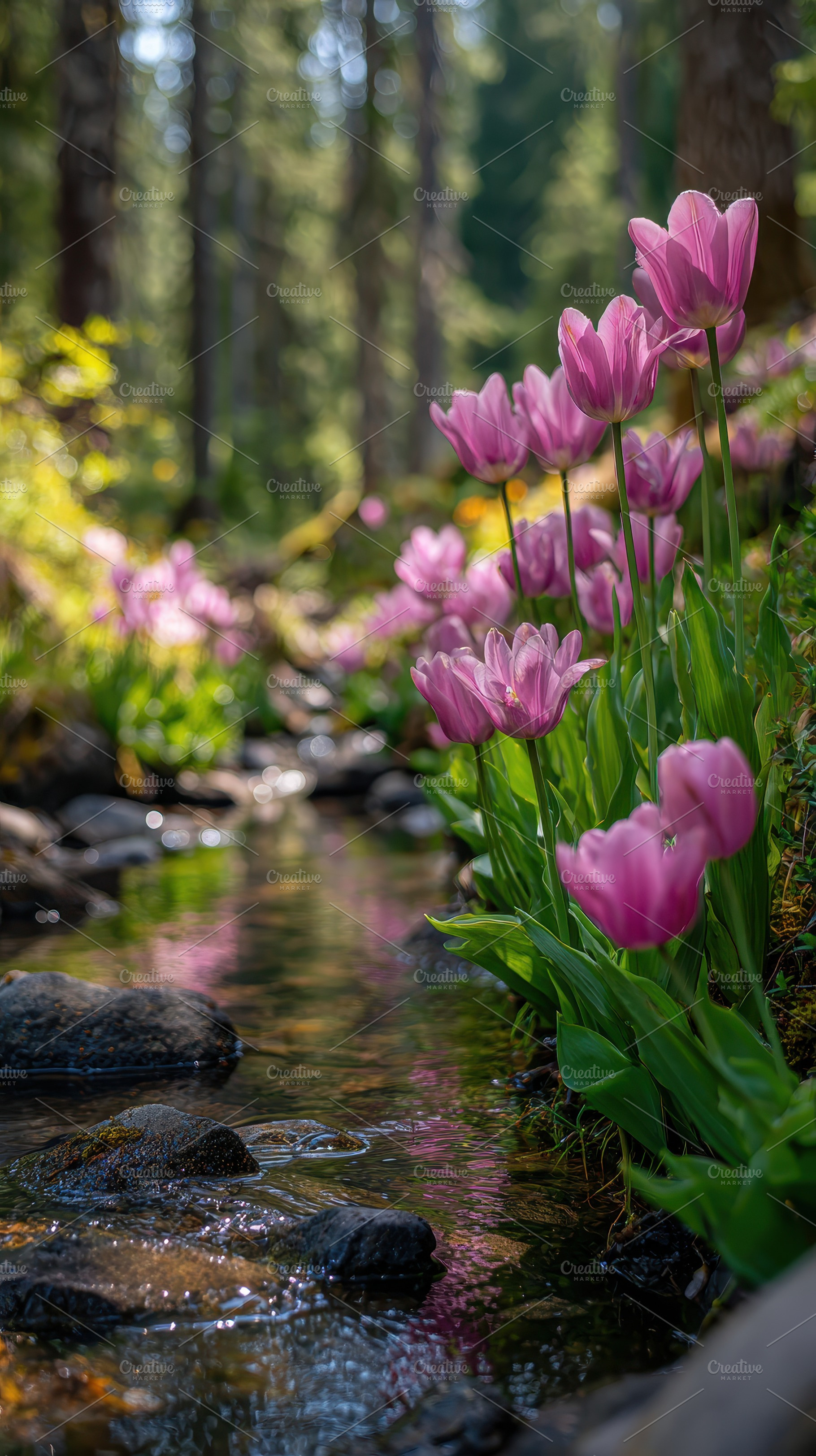 Pink Tulips by a Forest Stream Tranq, a Photo by Pixeness Studio