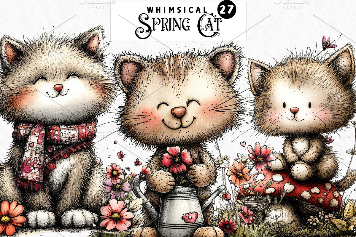Whimsical Spring Cat Clipart Png, an Illustration by Watercolor design (Photo 1 of 6)