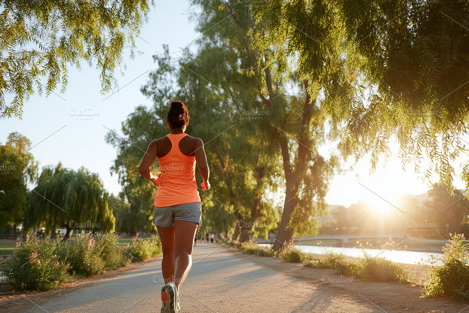 Brightly dressed runner enjoys evening jog along scenic pathway with sunset glo, a Sports & Recreation Photo by AlyaAnd