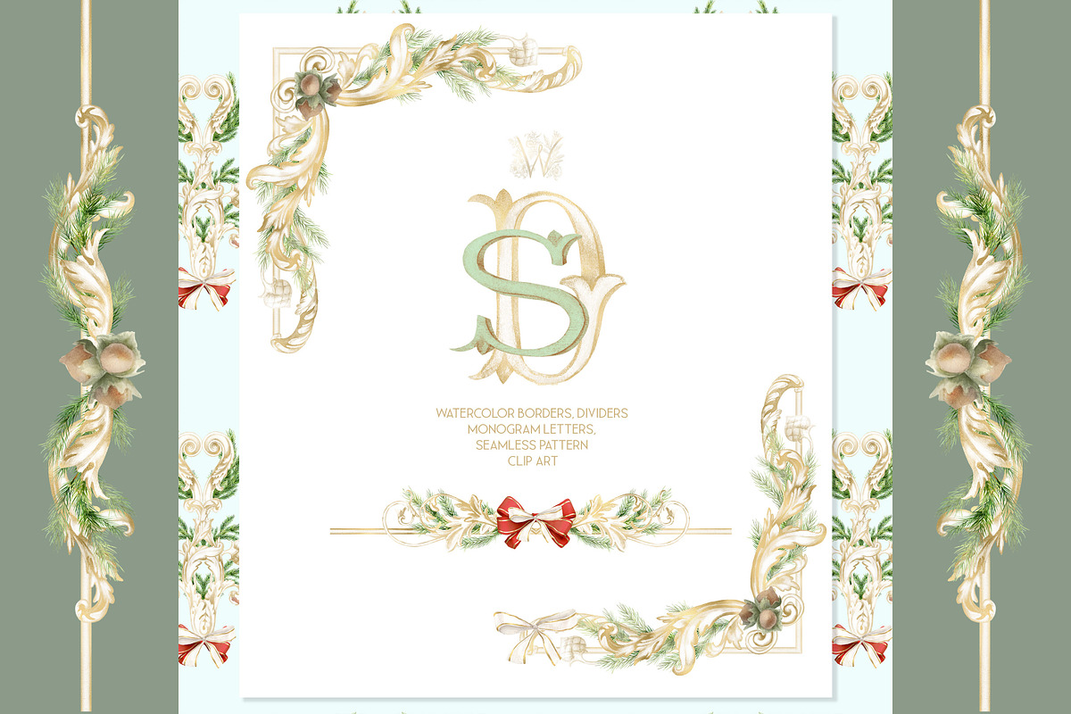 Watercolor Christmas frame, monogram, a Seasonal Illustration by WonderWonder (Photo 7 of 11)