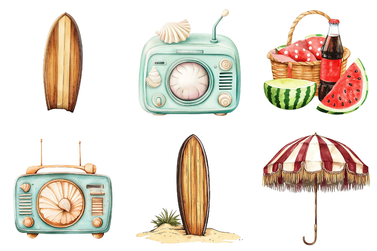 1950s Style Beach Day Clipart, an Illustration by Watercolor design (Photo 5 of 5)