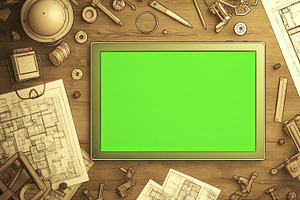 Tablet with green screen surrounded by architectural tools and blueprints, an Illustration by AS photostudio