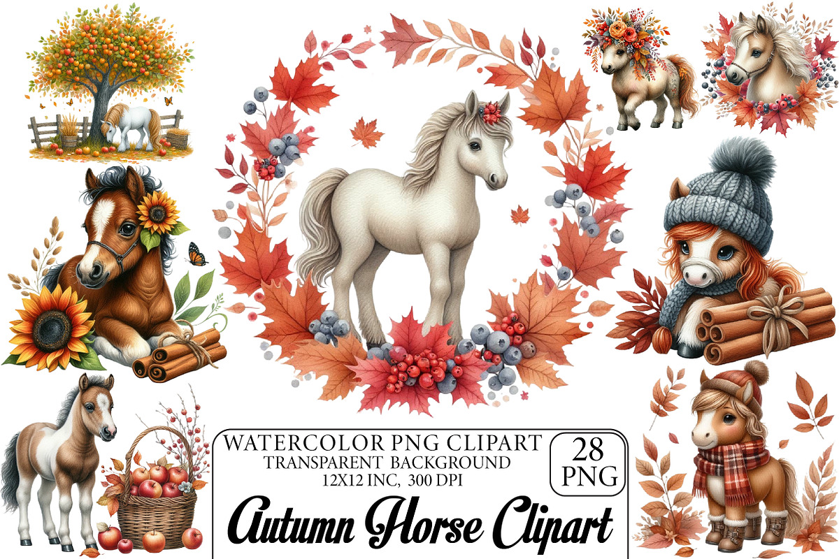 Watercolor Autumn Horse Clipart, an Illustration by DreamPrint404 (Photo 1 of 6)