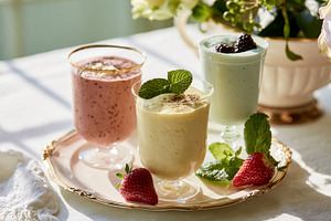 Refreshing fruit smoothies, mixed berry, banana, and mint, on a sunlit table ce, a Photo by Studio ANNA