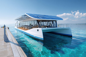 Electric ferry approaches dock amidst clear skies and calm waters in the aftern, a Photo by AlyaAnd