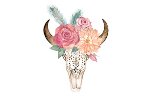 Watercolor Floral Skull Bull